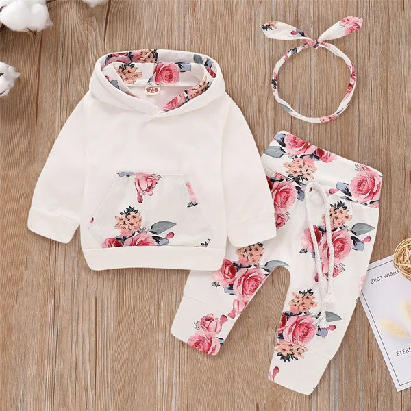 Floral Hooded Long Sleeve Top & Pants Set with Bowknot Headband