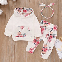 Floral Hooded Long Sleeve Top & Pants Set with Bowknot Headband