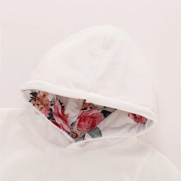 Floral Hooded Long Sleeve Top & Pants Set with Bowknot Headband